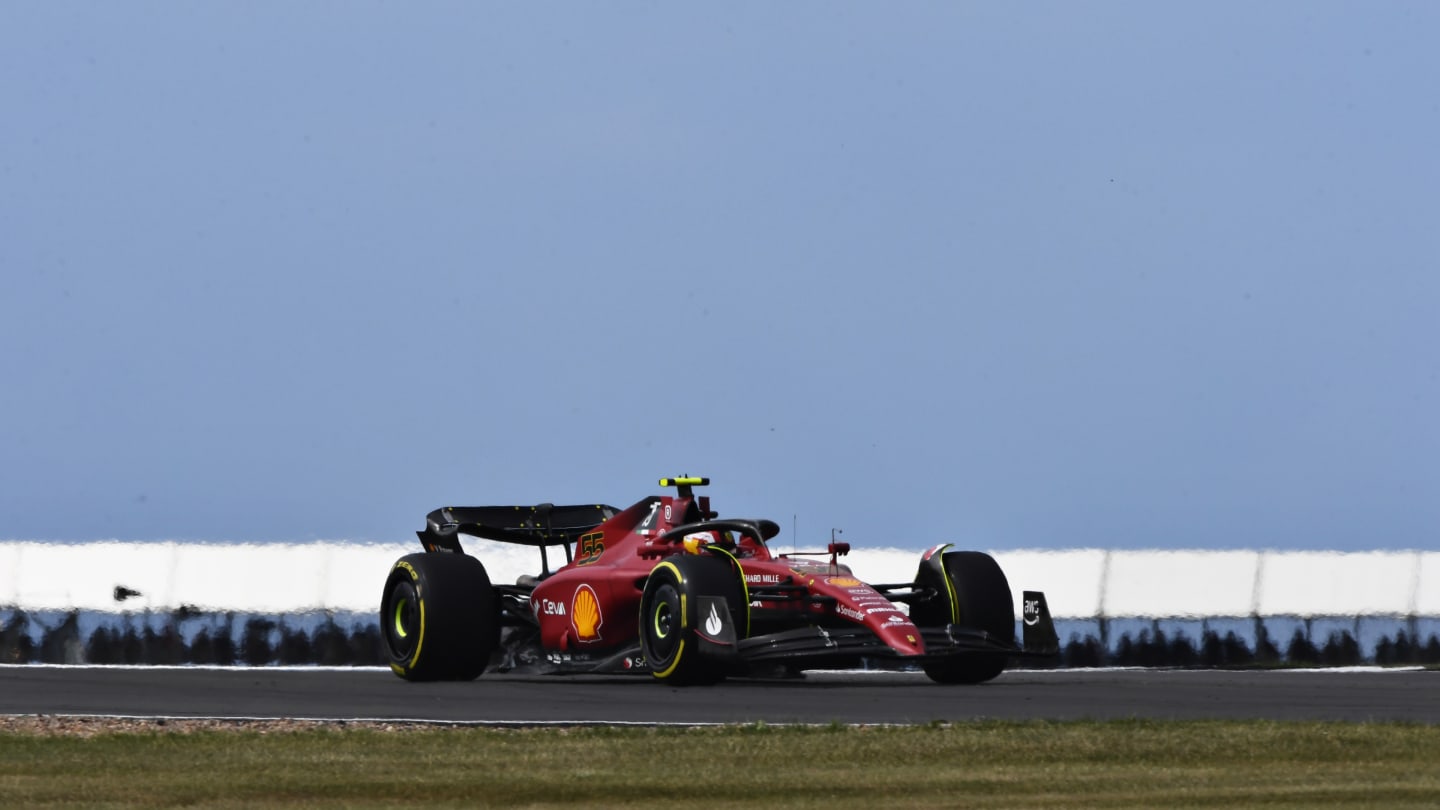 NORTHAMPTON, ENGLAND - JULY 01: Carlos Sainz of Spain driving (55) the Ferrari F1-75 on track