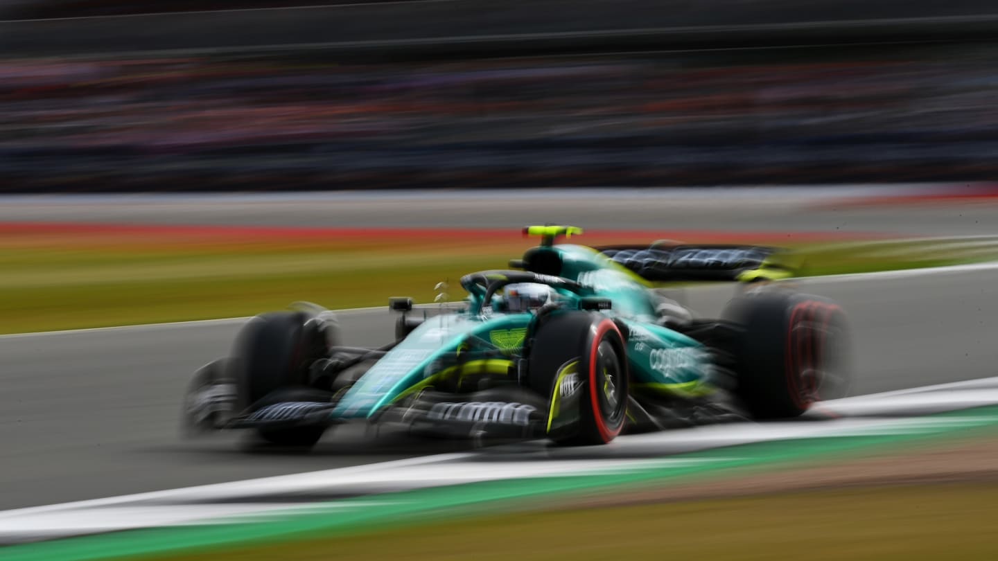 NORTHAMPTON, ENGLAND - JULY 01: Sebastian Vettel of Germany driving the (5) Aston Martin AMR22 Mercedes during practice ahead of the F1 Grand Prix of Great Britain at Silverstone on July 01, 2022 in Northampton, England. (Photo by Dan Mullan - Formula 1/Formula 1 via Getty Images)