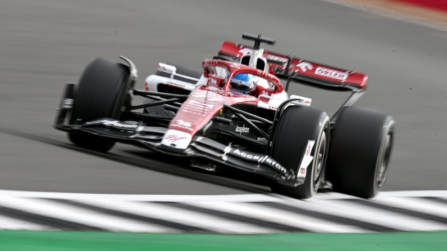 NORTHAMPTON, ENGLAND - JULY 01: Valtteri Bottas of Finland driving the (77) Alfa Romeo F1 C42 Ferrari on track during practice ahead of the F1 Grand Prix of Great Britain at Silverstone on July 01, 2022 in Northampton, England. (Photo by Dan Mullan - Formula 1/Formula 1 via Getty Images)