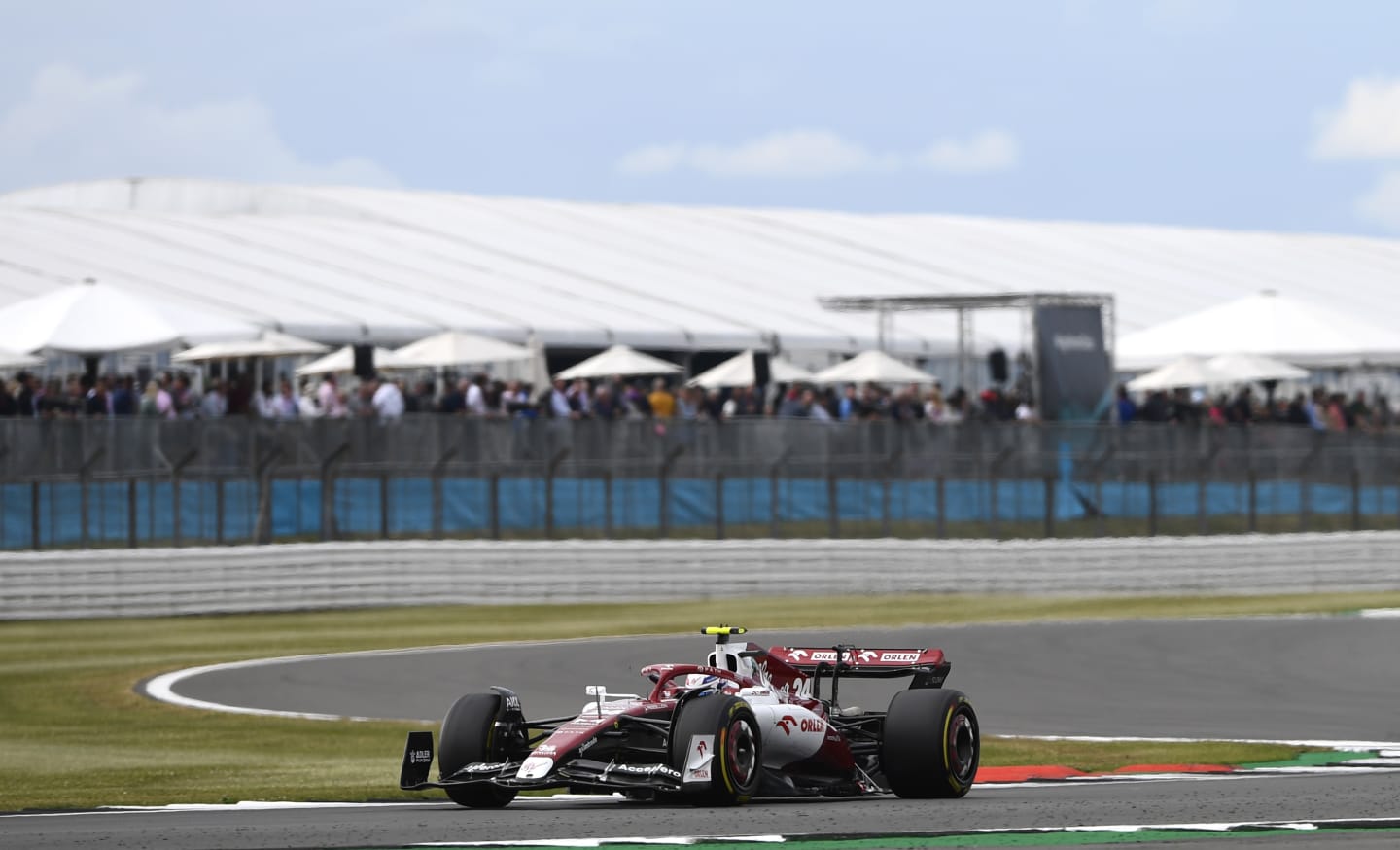 NORTHAMPTON, ENGLAND - JULY 01: Zhou Guanyu of China driving the (24) Alfa Romeo F1 C42 Ferrari on track during practice ahead of the F1 Grand Prix of Great Britain at Silverstone on July 01, 2022 in Northampton, England. (Photo by Rudy Carezzevoli - Formula 1/Formula 1 via Getty Images)