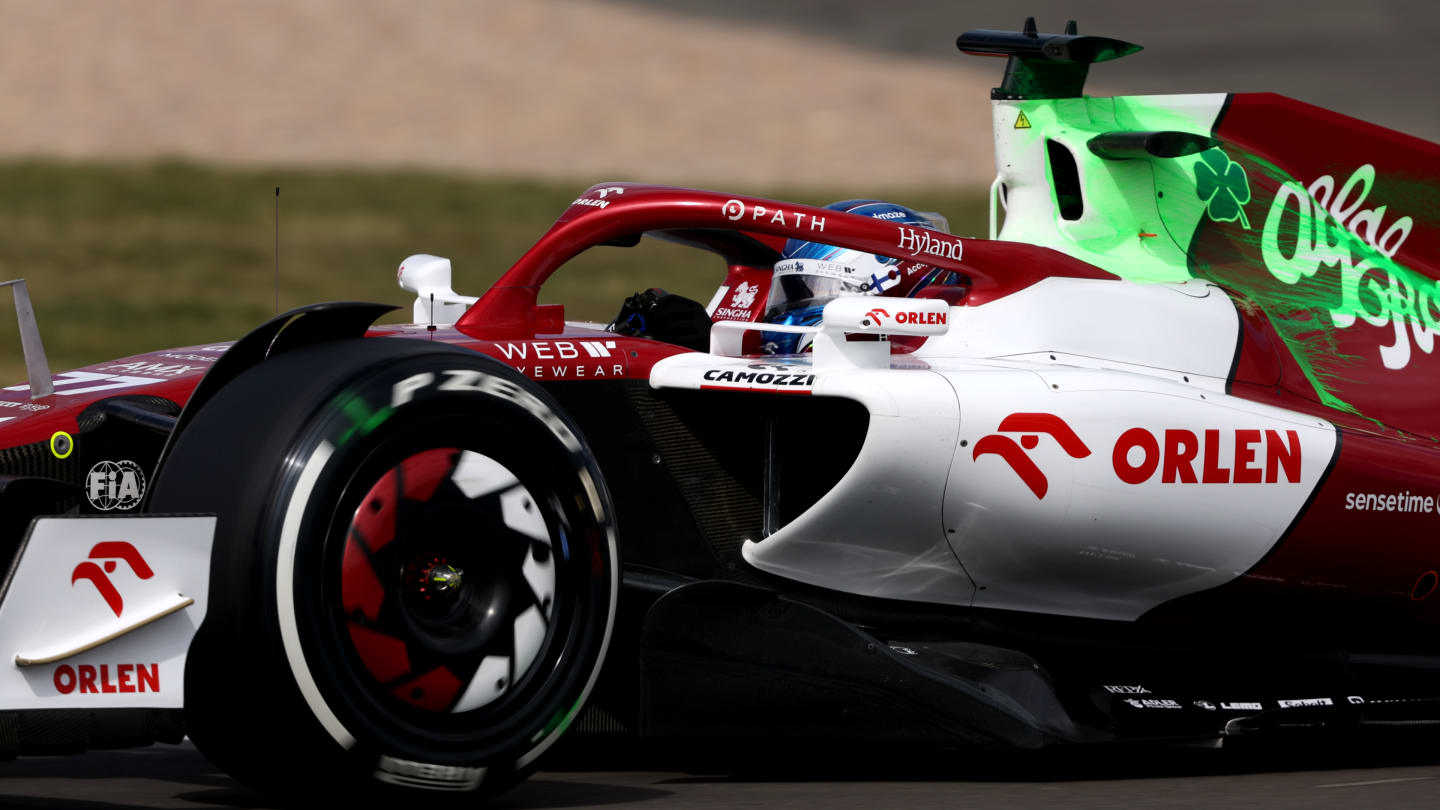 NORTHAMPTON, ENGLAND - JULY 01: Valtteri Bottas of Finland driving the (77) Alfa Romeo F1 C42