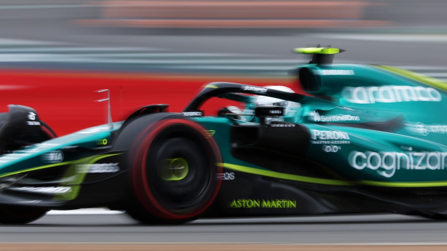 NORTHAMPTON, ENGLAND - JULY 02: Sebastian Vettel of Germany driving the (5) Aston Martin AMR22 Mercedes on track during final practice ahead of the F1 Grand Prix of Great Britain at Silverstone on July 02, 2022 in Northampton, England. (Photo by Bryn Lennon - Formula 1/Formula 1 via Getty Images)