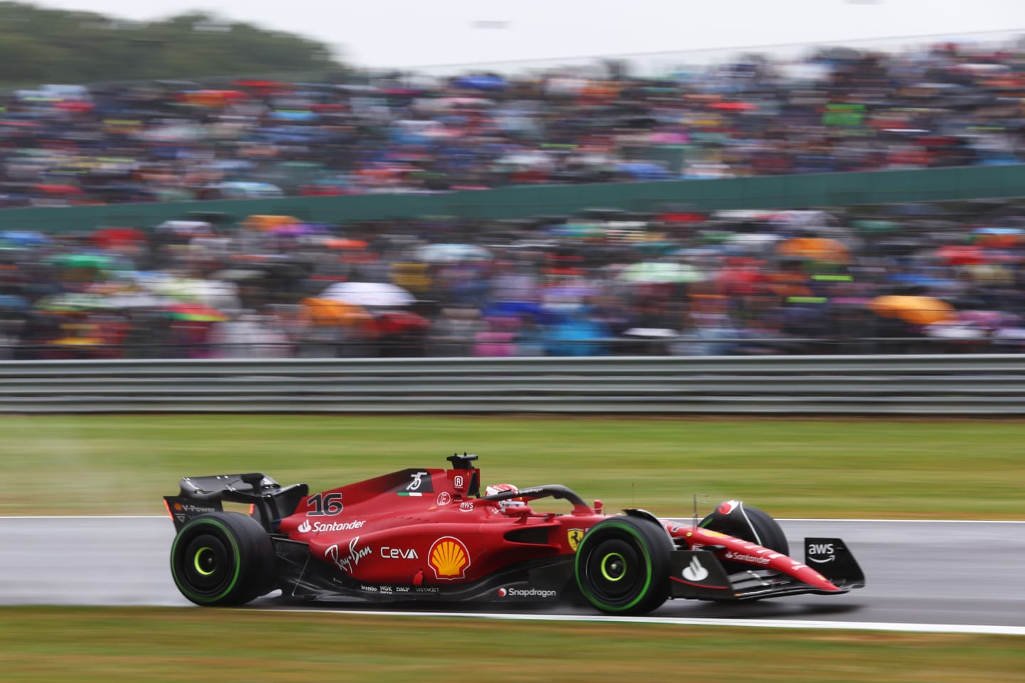 NORTHAMPTON, ENGLAND - JULY 02: Charles Leclerc of Monaco driving (16) the Ferrari F1-75 on track