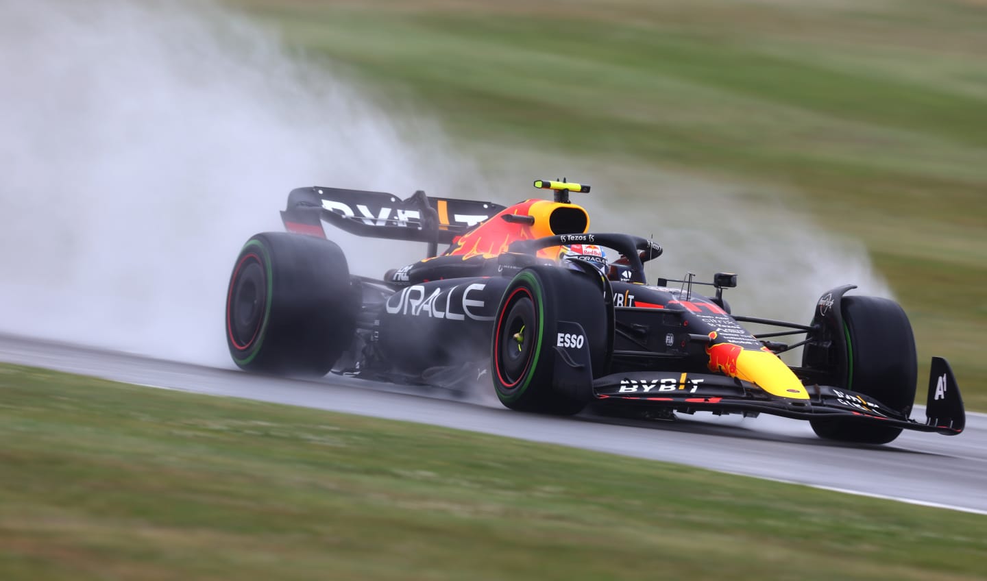 NORTHAMPTON, ENGLAND - JULY 02: Sergio Perez of Mexico driving the (11) Oracle Red Bull Racing RB18 on track during qualifying ahead of the F1 Grand Prix of Great Britain at Silverstone on July 02, 2022 in Northampton, England. (Photo by Clive Rose/Getty Images)