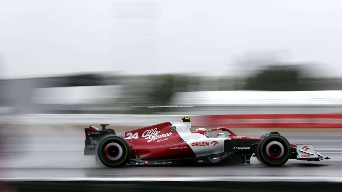 NORTHAMPTON, ENGLAND - JULY 02: Zhou Guanyu of China driving the (24) Alfa Romeo F1 C42 Ferrari on track during qualifying ahead of the F1 Grand Prix of Great Britain at Silverstone on July 02, 2022 in Northampton, England. (Photo by Bryn Lennon - Formula 1/Formula 1 via Getty Images)