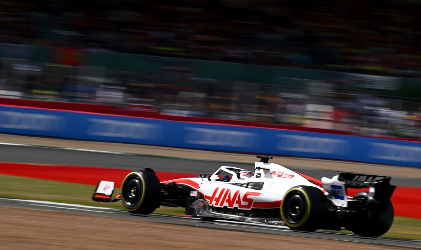 NORTHAMPTON, ENGLAND - JULY 03: Kevin Magnussen of Denmark driving the (20) Haas F1 VF-22 Ferrari on track during the F1 Grand Prix of Great Britain at Silverstone on July 03, 2022 in Northampton, England. (Photo by Clive Mason/Getty Images)