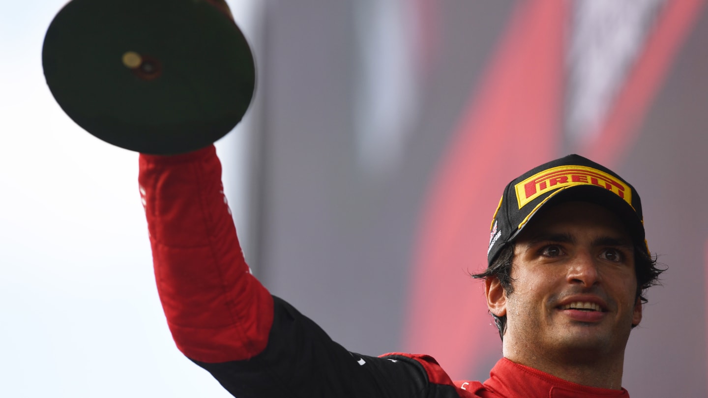 NORTHAMPTON, ENGLAND - JULY 03:  Race winner Carlos Sainz of Spain and Ferrari celebrates on the