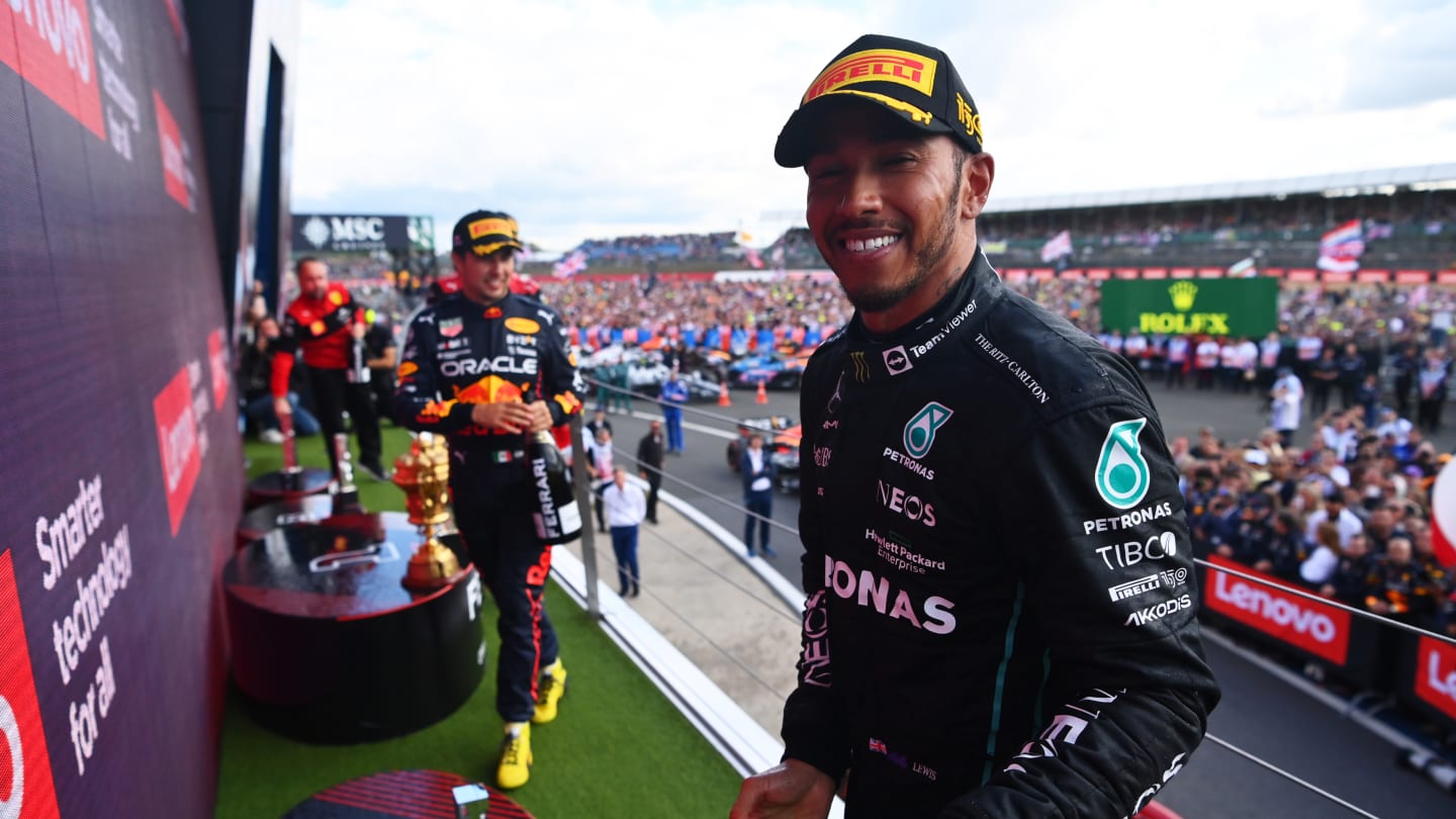 NORTHAMPTON, ENGLAND - JULY 03: Third placed Lewis Hamilton of Great Britain and Mercedes