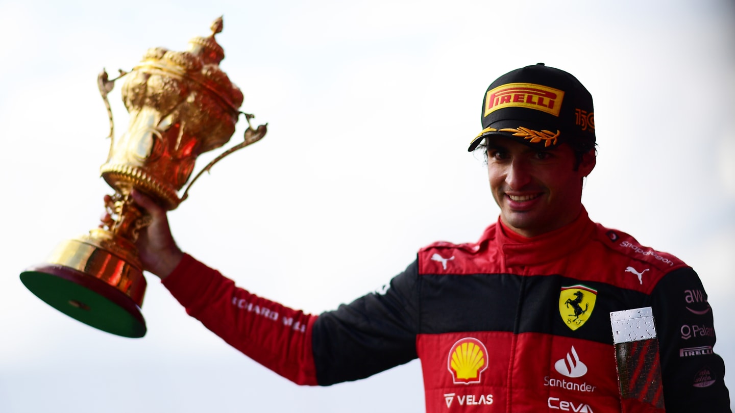 NORTHAMPTON, ENGLAND - JULY 03: Race winner Carlos Sainz of Spain and Ferrari celebrates on the