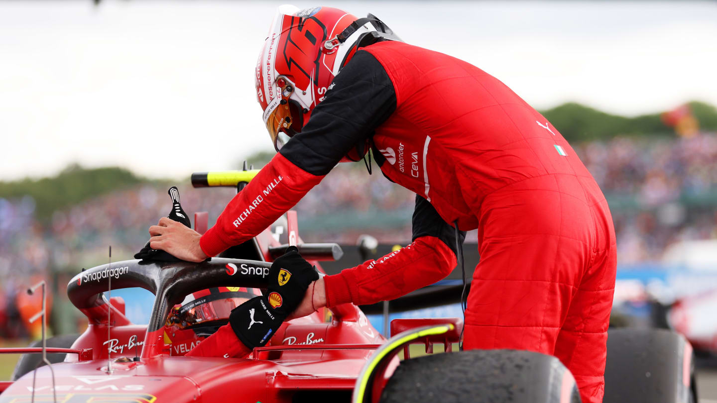 NORTHAMPTON, ENGLAND - JULY 03: Charles Leclerc of Monaco and Ferrari congratulates team-mate