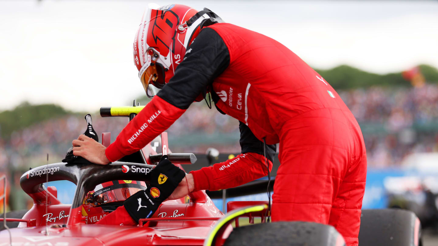 NORTHAMPTON, ENGLAND - JULY 03: Charles Leclerc of Monaco and Ferrari congratulates team-mate