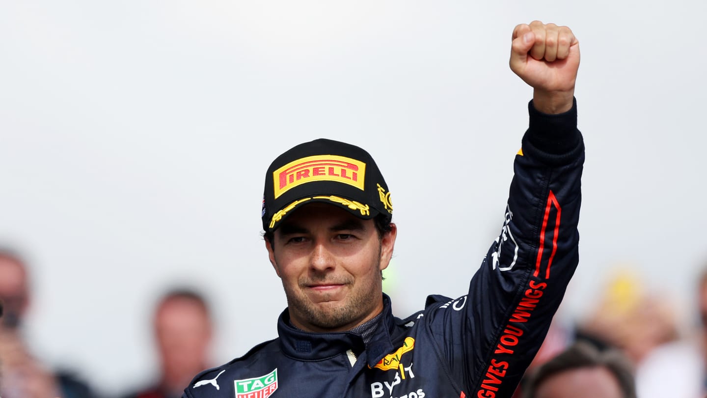 NORTHAMPTON, ENGLAND - JULY 03: Second placed Sergio Perez of Mexico and Oracle Red Bull Racing