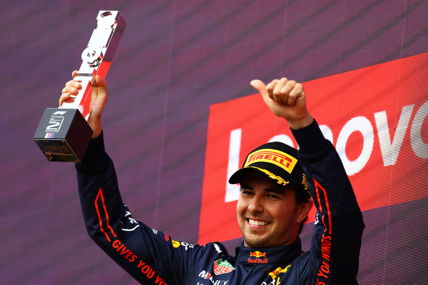 NORTHAMPTON, ENGLAND - JULY 03: Second placed Sergio Perez of Mexico and Oracle Red Bull Racing