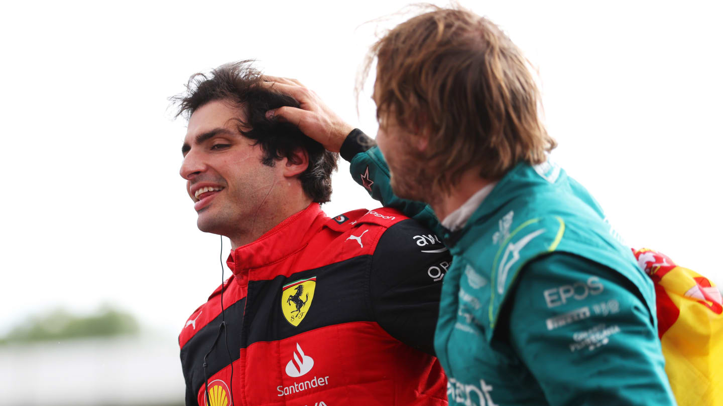 NORTHAMPTON, ENGLAND - JULY 03:  Race winner Carlos Sainz of Spain and Ferrari celebrates with