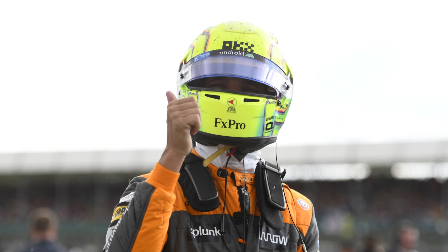 NORTHAMPTON, ENGLAND - JULY 03: Lando Norris of Great Britain and McLaren gives a thumbs up in parc