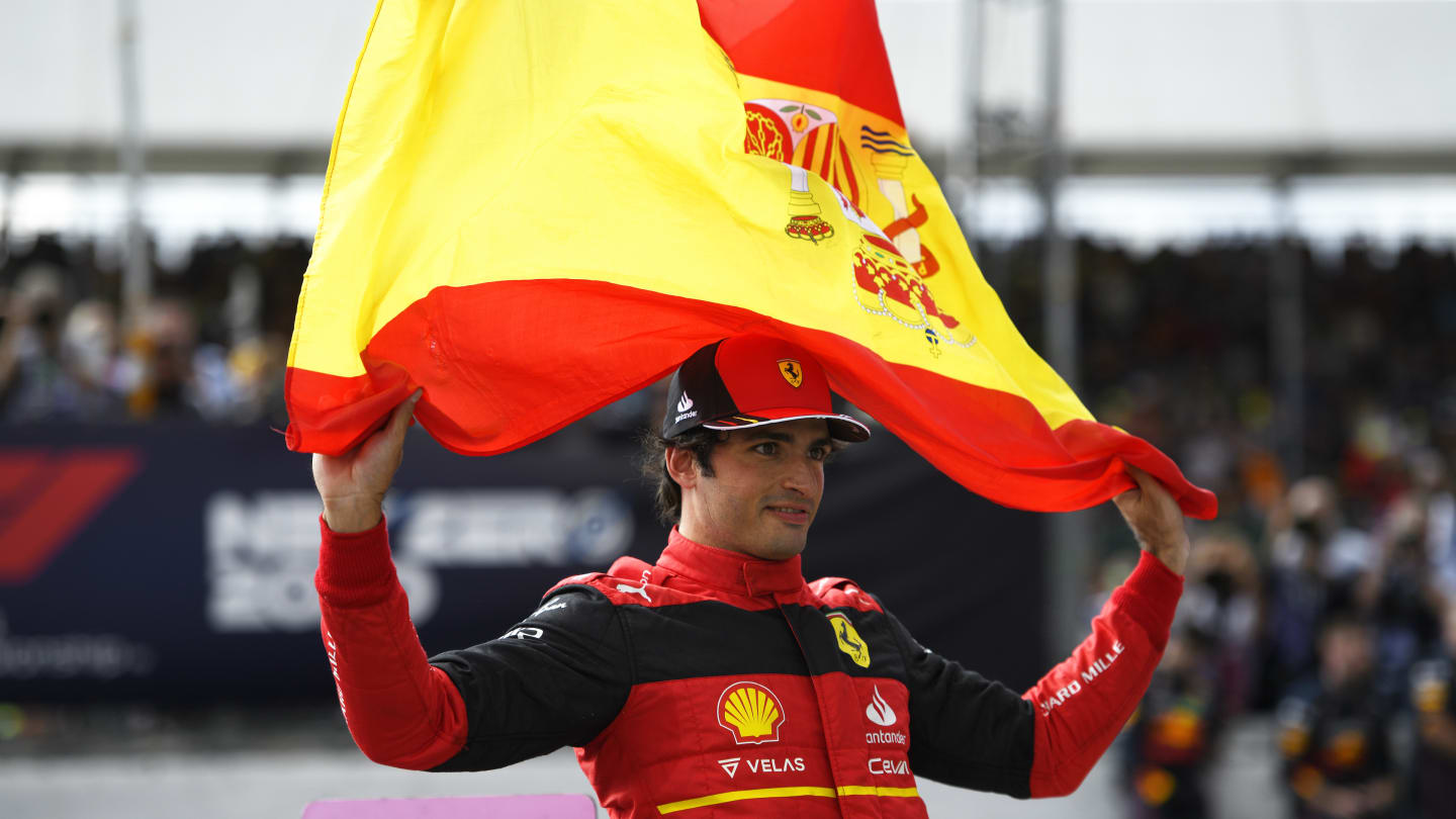 NORTHAMPTON, ENGLAND - JULY 03:  Race winner Carlos Sainz of Spain and Ferrari celebrates in parc