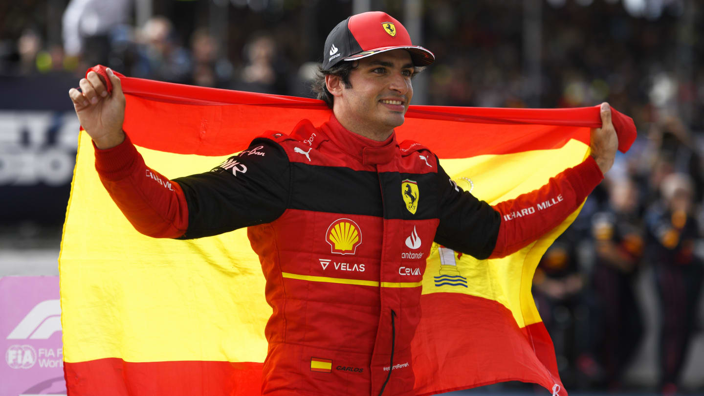 NORTHAMPTON, ENGLAND - JULY 03:  Race winner Carlos Sainz of Spain and Ferrari celebrates in parc