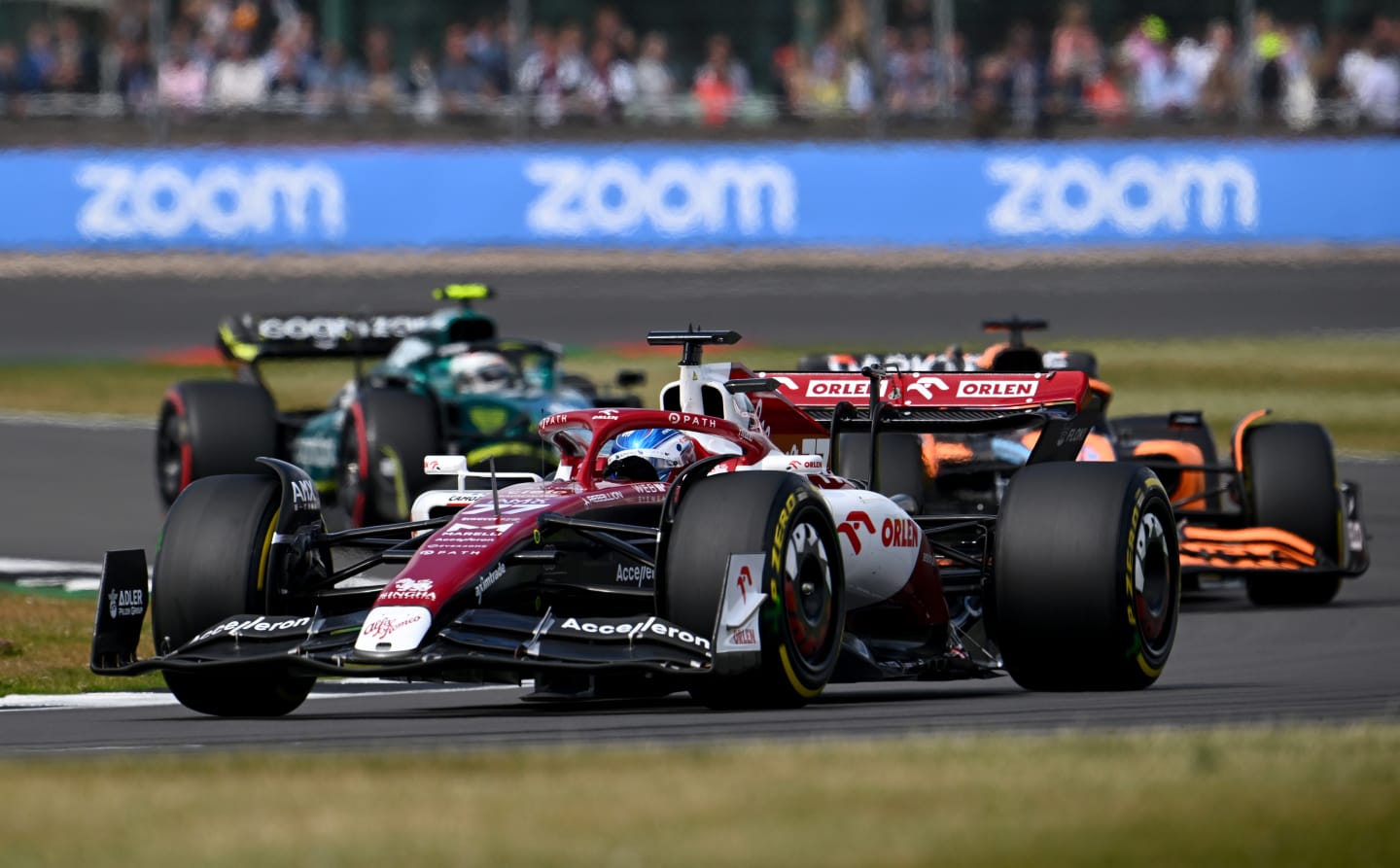 NORTHAMPTON, ENGLAND - JULY 03: Valtteri Bottas of Finland driving the (77) Alfa Romeo F1 C42 Ferrari on track during the F1 Grand Prix of Great Britain at Silverstone on July 03, 2022 in Northampton, England. (Photo by Clive Mason/Getty Images)