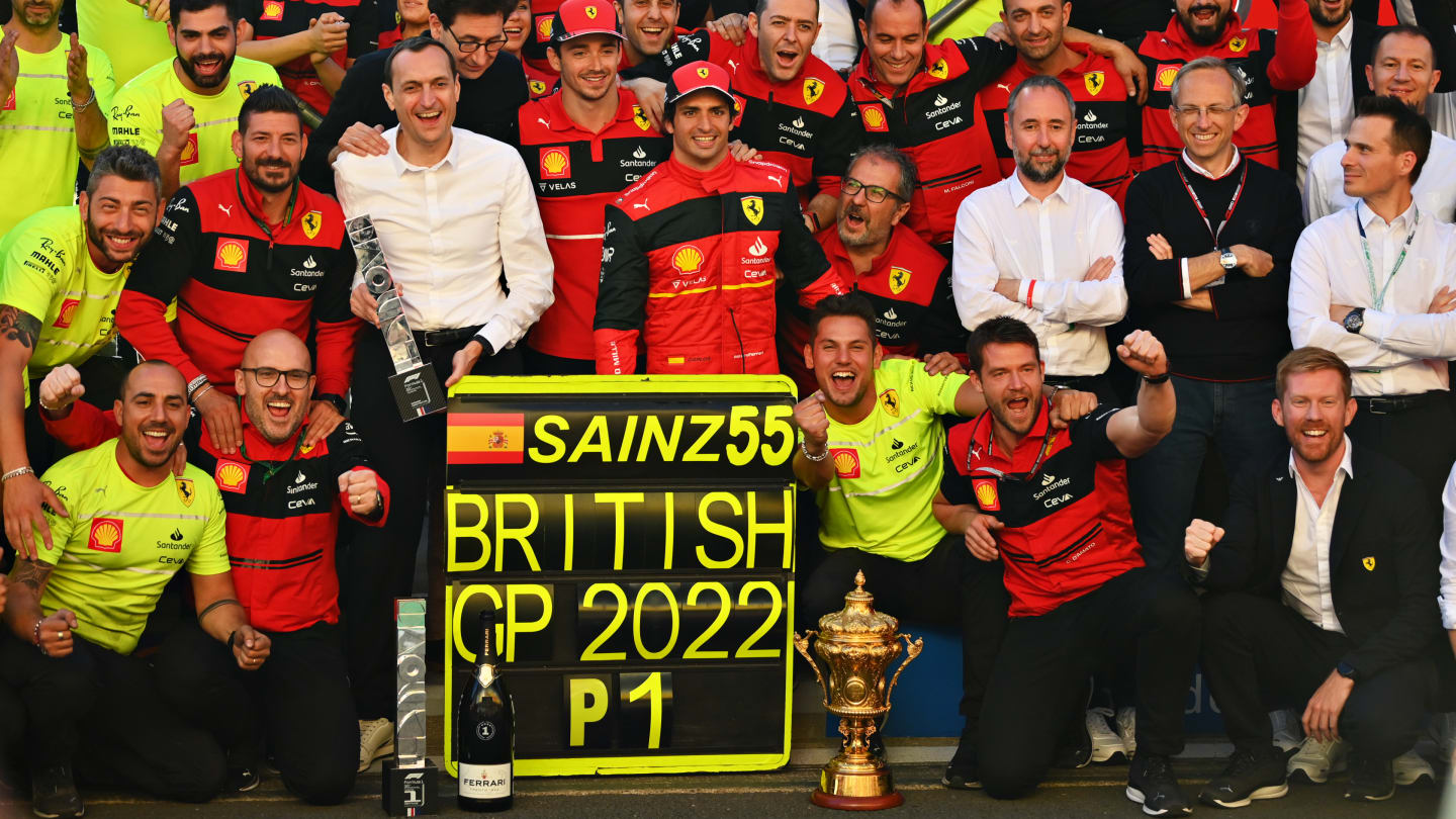 NORTHAMPTON, ENGLAND - JULY 03: Race winner Carlos Sainz of Spain and Ferrari celebrates with his