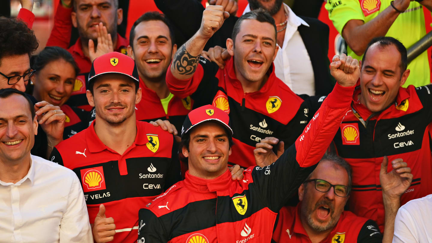 NORTHAMPTON, ENGLAND - JULY 03: Race winner Carlos Sainz of Spain and Ferrari celebrates with his
