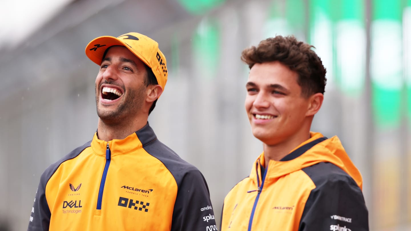 NORTHAMPTON, ENGLAND - JUNE 30: Lando Norris of Great Britain and McLaren and Daniel Ricciardo of