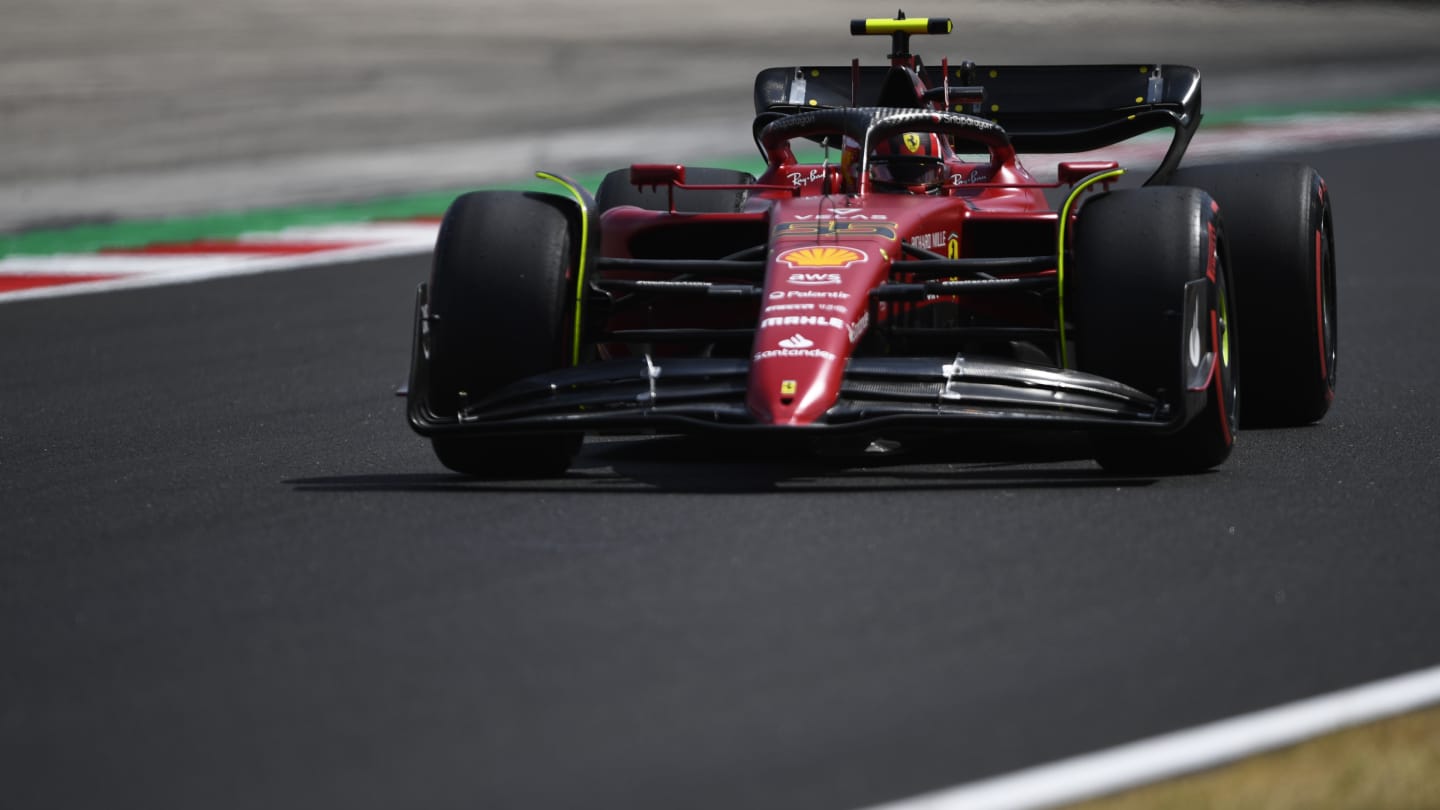 BUDAPEST, HUNGARY - JULY 29: Carlos Sainz of Spain driving (55) the Ferrari F1-75 on track during practice ahead of the F1 Grand Prix of Hungary at Hungaroring on July 29, 2022 in Budapest, Hungary. (Photo by Rudy Carezzevoli - Formula 1/Formula 1 via Getty Images)