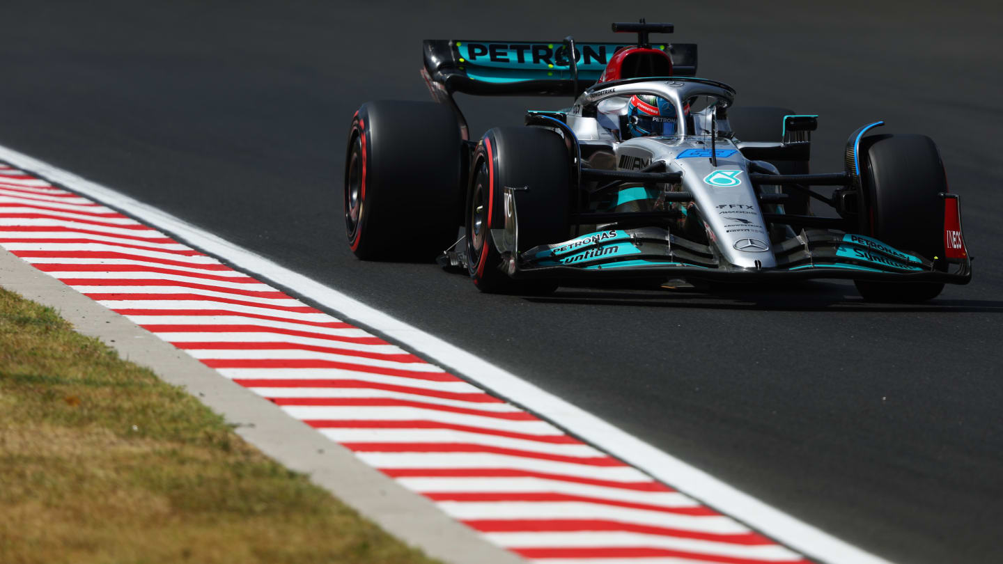 BUDAPEST, HUNGARY - JULY 29: George Russell of Great Britain driving the (63) Mercedes AMG Petronas F1 Team W13 on track during practice ahead of the F1 Grand Prix of Hungary at Hungaroring on July 29, 2022 in Budapest, Hungary. (Photo by Bryn Lennon - Formula 1/Formula 1 via Getty Images)