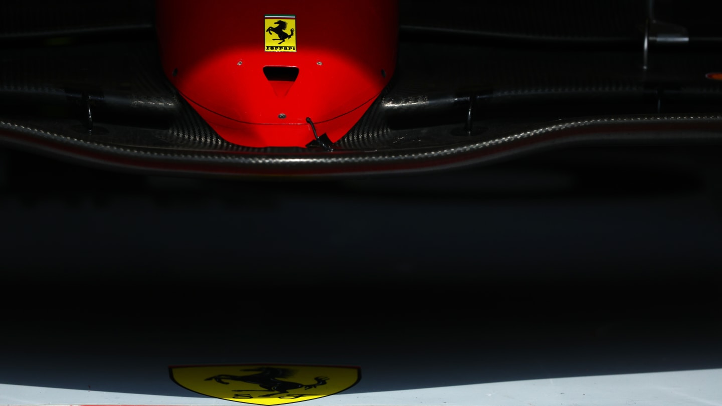 BUDAPEST, HUNGARY - JULY 29: A detail view of a Ferrari logo during practice ahead of the F1 Grand