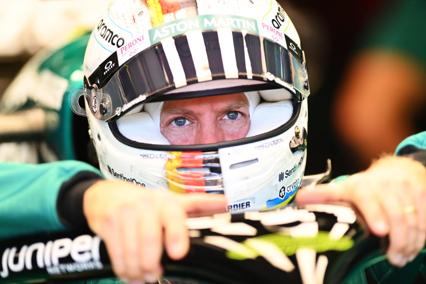 BUDAPEST, HUNGARY - JULY 29: Sebastian Vettel of Germany and Aston Martin F1 Team prepares to drive in the garage during practice ahead of the F1 Grand Prix of Hungary at Hungaroring on July 29, 2022 in Budapest, Hungary. (Photo by Dan Mullan/Getty Images)