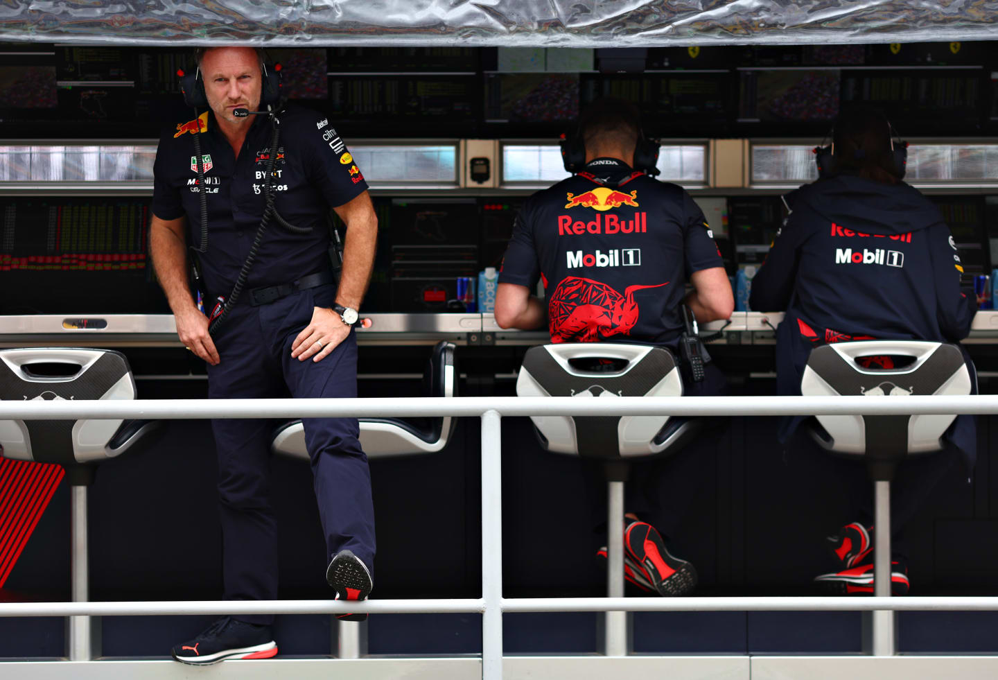 BUDAPEST, HUNGARY - JULY 30: Red Bull Racing Team Principal Christian Horner looks on from the pitwall during qualifying ahead of the F1 Grand Prix of Hungary at Hungaroring on July 30, 2022 in Budapest, Hungary. (Photo by Mark Thompson/Getty Images)