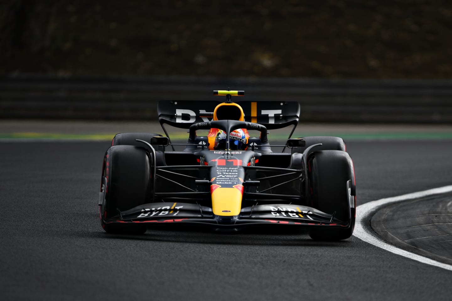 BUDAPEST, HUNGARY - JULY 30: Sergio Perez of Mexico driving the (11) Oracle Red Bull Racing RB18 on track during qualifying ahead of the F1 Grand Prix of Hungary at Hungaroring on July 30, 2022 in Budapest, Hungary. (Photo by Rudy Carezzevoli - Formula 1/Formula 1 via Getty Images)