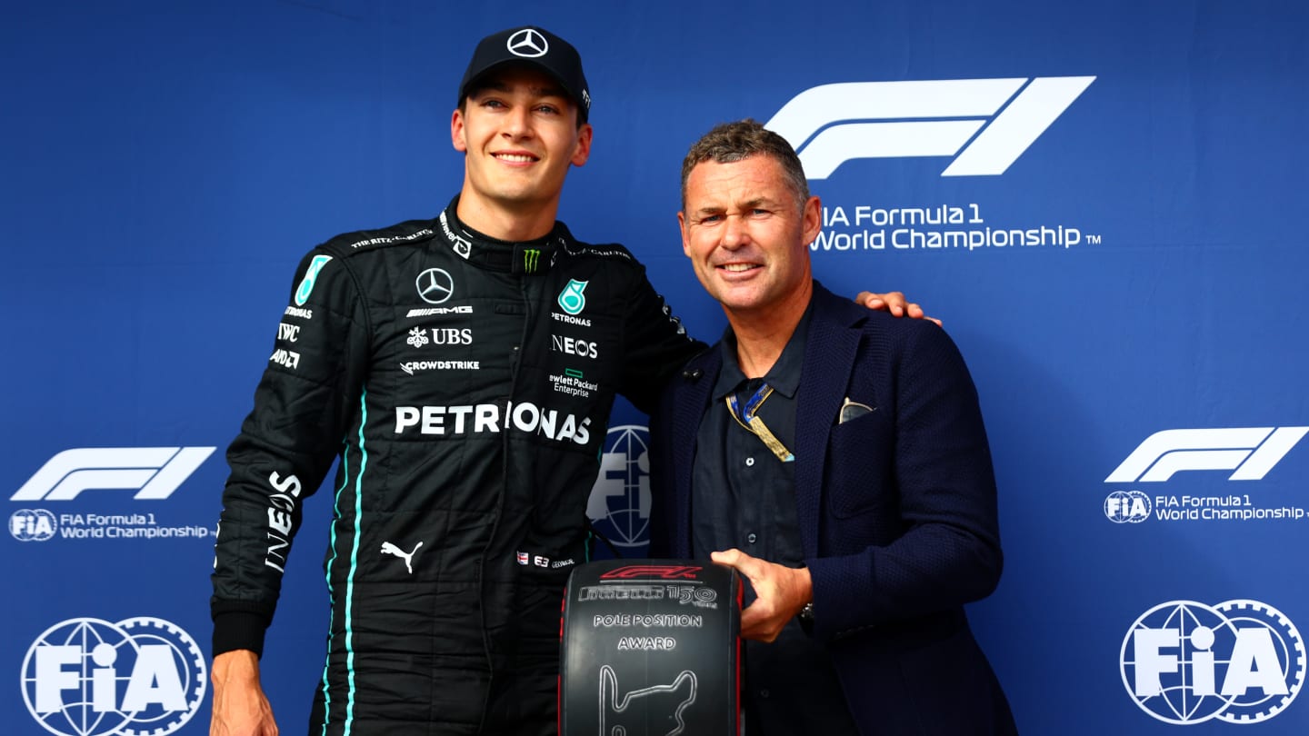 BUDAPEST, HUNGARY - JULY 30: Pole position qualifier George Russell of Great Britain and Mercedes