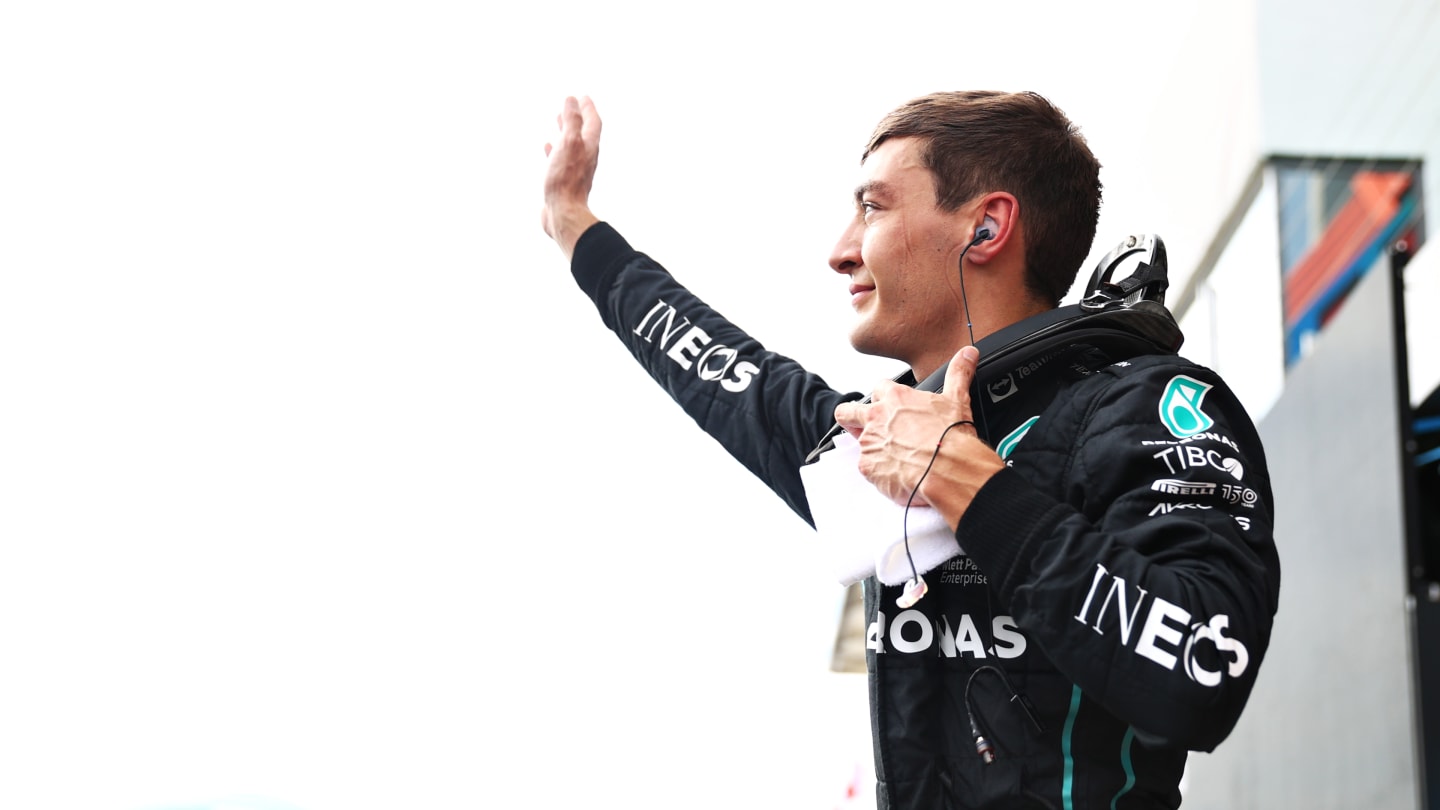 BUDAPEST, HUNGARY - JULY 30: Pole position qualifier George Russell of Great Britain and Mercedes celebrates in parc ferme during qualifying ahead of the F1 Grand Prix of Hungary at Hungaroring on July 30, 2022 in Budapest, Hungary. (Photo by Dan Istitene - Formula 1/Formula 1 via Getty Images)