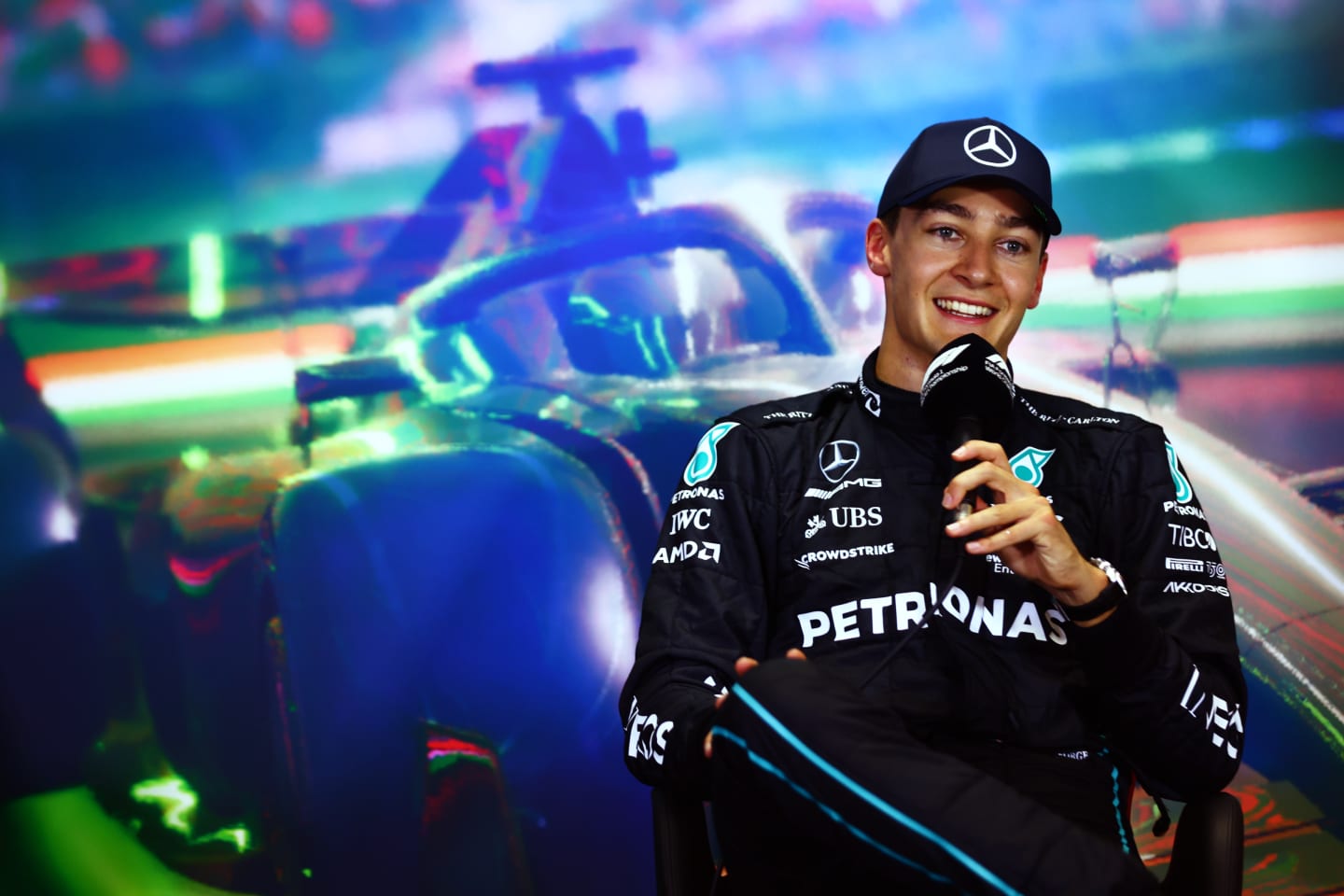 BUDAPEST, HUNGARY - JULY 30: Pole position qualifier George Russell of Great Britain and Mercedes attends the press conference after qualifying ahead of the F1 Grand Prix of Hungary at Hungaroring on July 30, 2022 in Budapest, Hungary. (Photo by Dan Istitene/Getty Images)