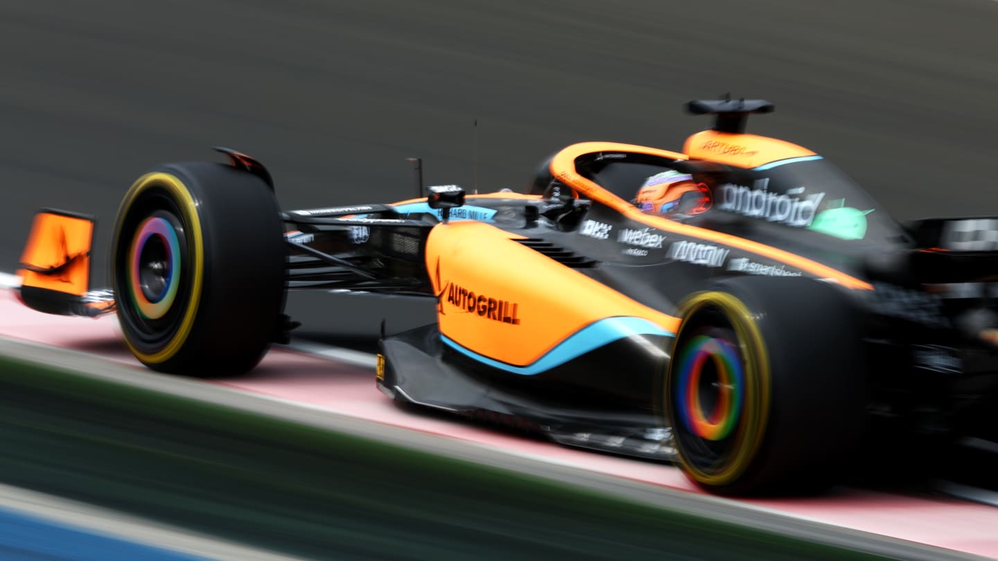 BUDAPEST, HUNGARY - JULY 31: Daniel Ricciardo of Australia driving the (3) McLaren MCL36 Mercedes on track during the F1 Grand Prix of Hungary at Hungaroring on July 31, 2022 in Budapest, Hungary. (Photo by Bryn Lennon - Formula 1/Formula 1 via Getty Images)