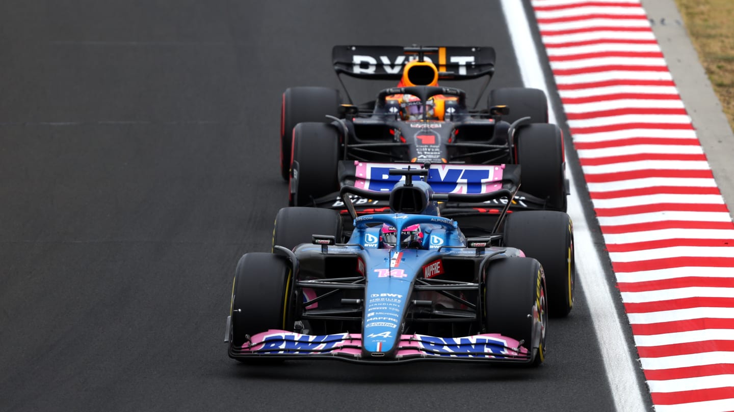 BUDAPEST, HUNGARY - JULY 31: Fernando Alonso of Spain driving the (14) Alpine F1 A522 Renault leads