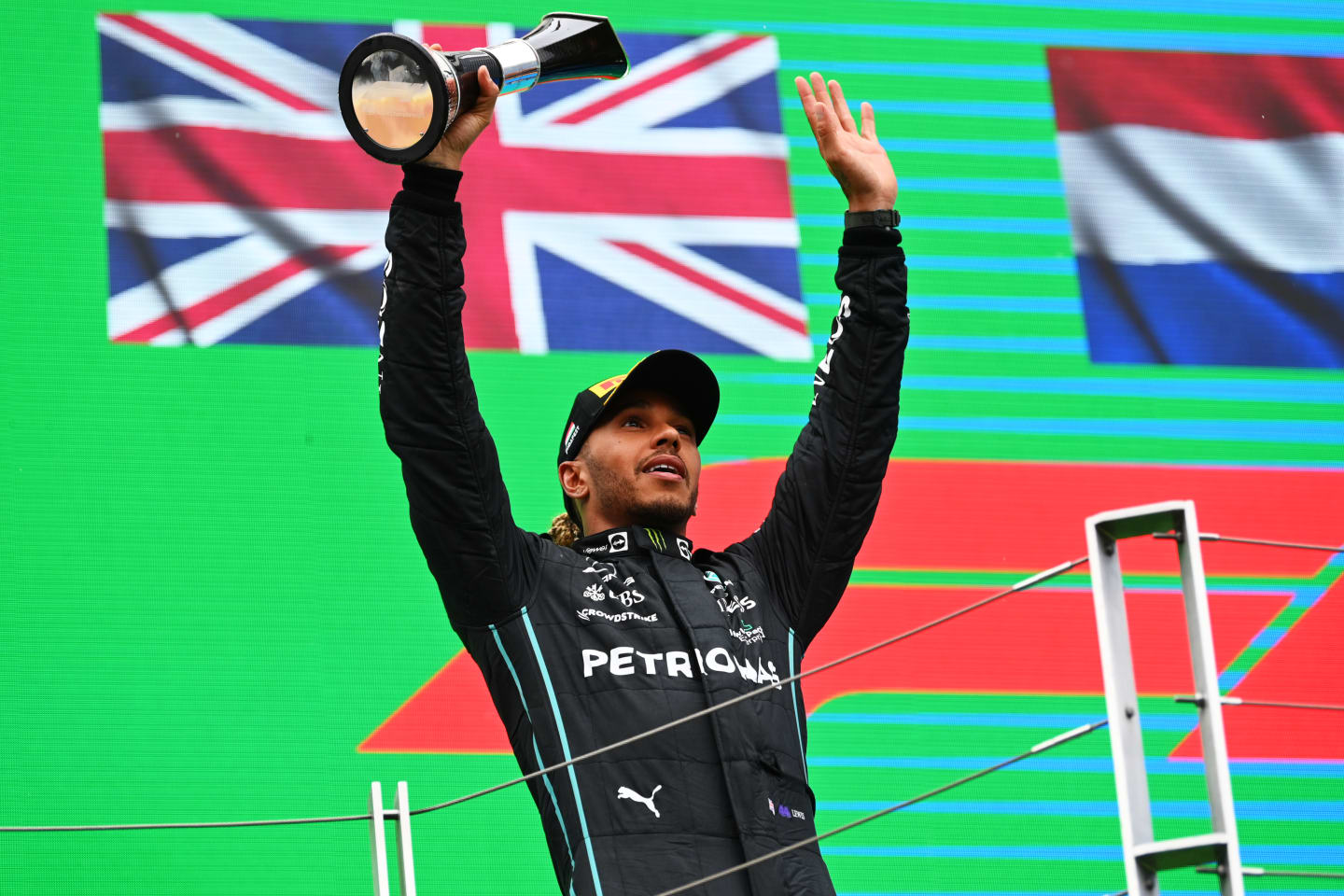 BUDAPEST, HUNGARY - JULY 31: Second placed Lewis Hamilton of Great Britain and Mercedes celebrates