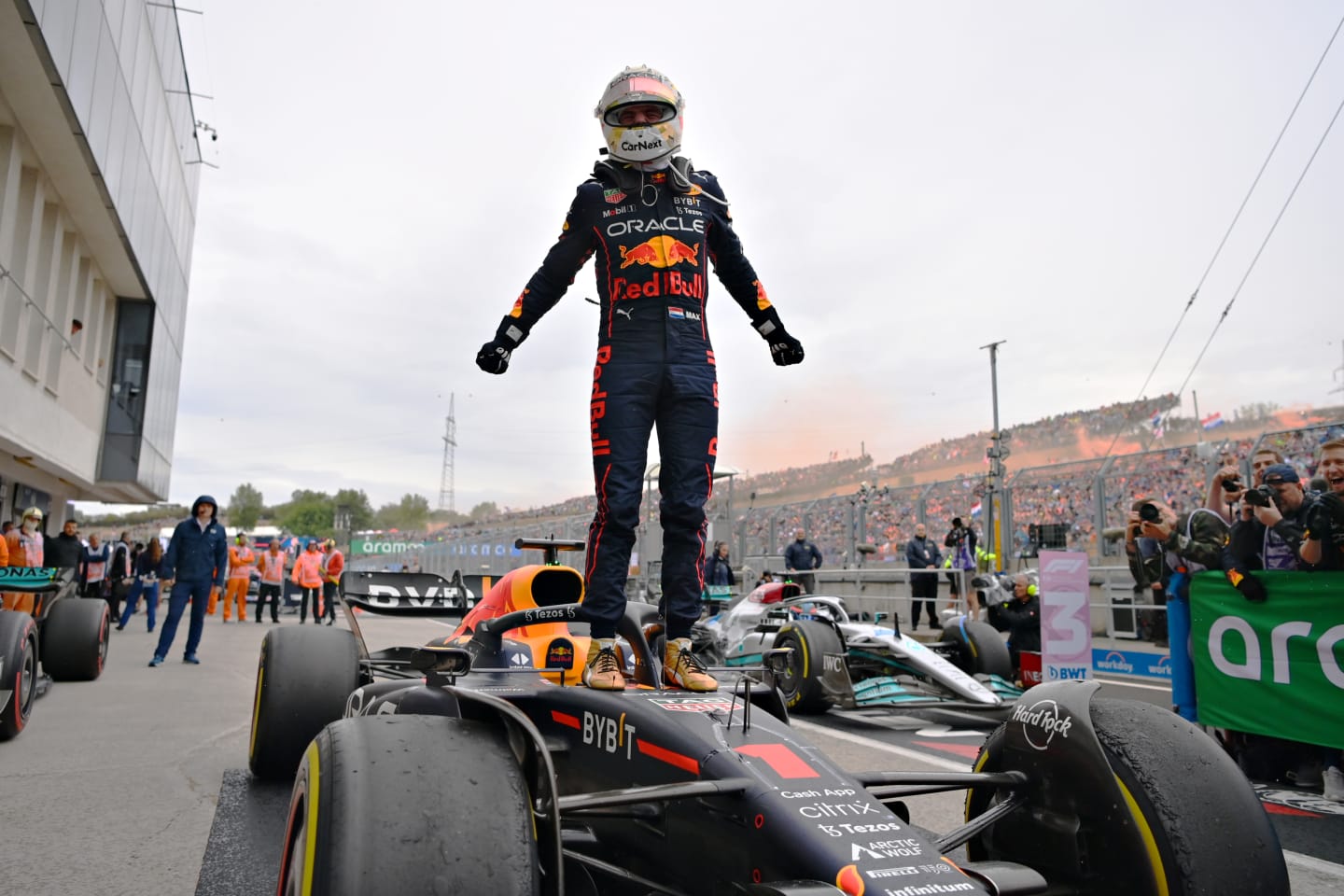 BUDAPEST, HUNGARY - JULY 31: Race winner Max Verstappen of the Netherlands and Oracle Red Bull Racing celebrates in parc ferme during the F1 Grand Prix of Hungary at Hungaroring on July 31, 2022 in Budapest, Hungary. (Photo by Dan Mullan/Getty Images)