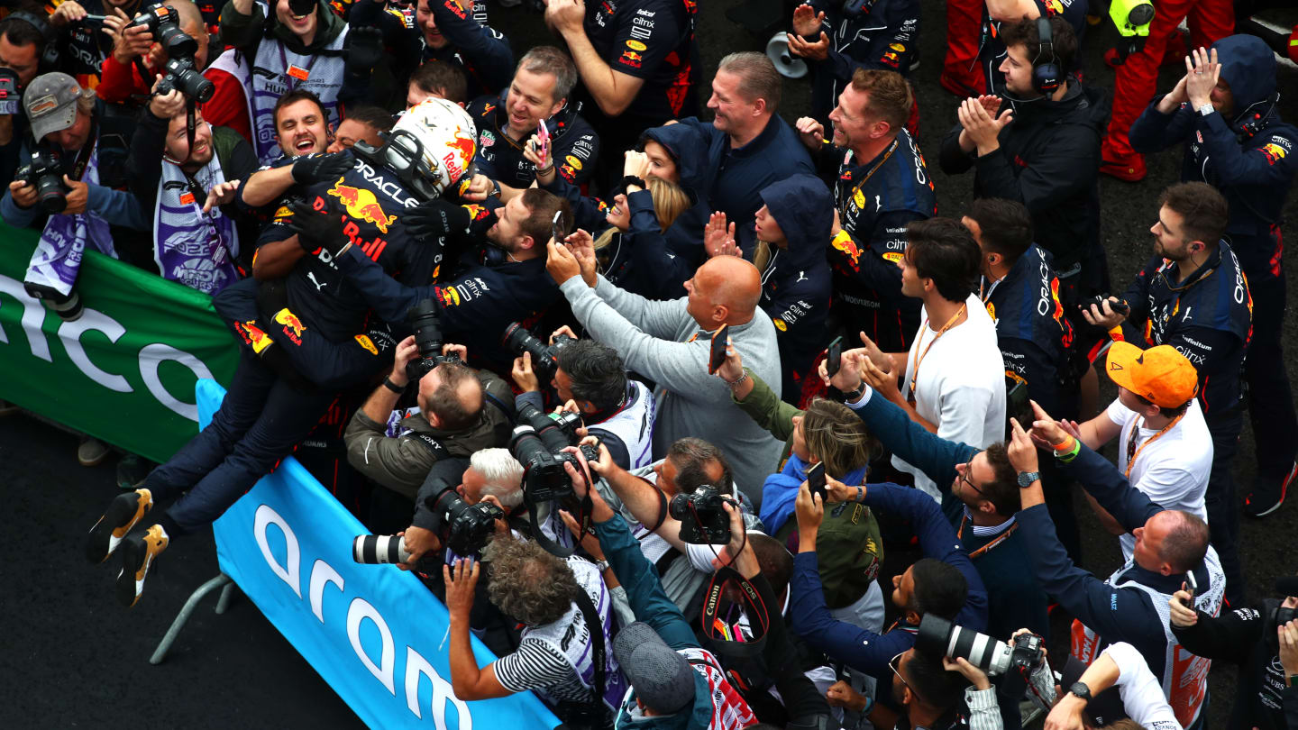 BUDAPEST, HUNGARY - JULY 31: Race winner Max Verstappen of the Netherlands and Oracle Red Bull Racing celebrates in parc ferme during the F1 Grand Prix of Hungary at Hungaroring on July 31, 2022 in Budapest, Hungary. (Photo by Joe Portlock - Formula 1/Formula 1 via Getty Images)