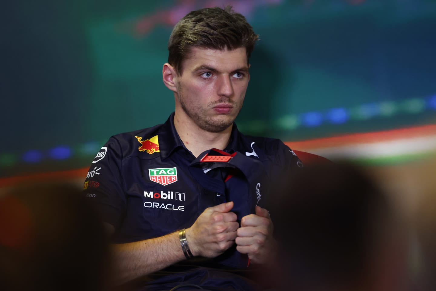 BUDAPEST, HUNGARY - JULY 28: Max Verstappen of the Netherlands and Oracle Red Bull Racing looks on in the Drivers Press Conference during previews ahead of the F1 Grand Prix of Hungary at Hungaroring on July 28, 2022 in Budapest, Hungary. (Photo by Bryn Lennon/Getty Images)