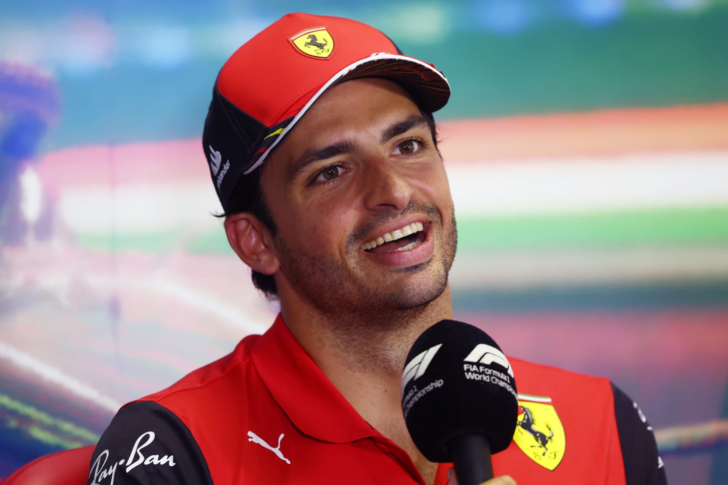 BUDAPEST, HUNGARY - JULY 28: Carlos Sainz of Spain and Ferrari talks in the Drivers Press Conference during previews ahead of the F1 Grand Prix of Hungary at Hungaroring on July 28, 2022 in Budapest, Hungary. (Photo by Bryn Lennon/Getty Images)