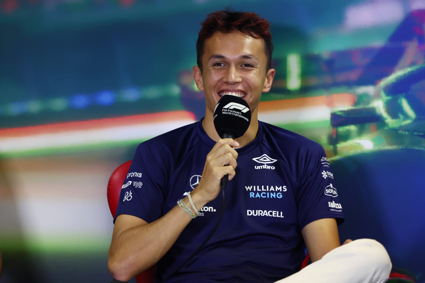 BUDAPEST, HUNGARY - JULY 28: Alexander Albon of Thailand and Williams talks in the Drivers Press Conference during previews ahead of the F1 Grand Prix of Hungary at Hungaroring on July 28, 2022 in Budapest, Hungary. (Photo by Bryn Lennon/Getty Images)