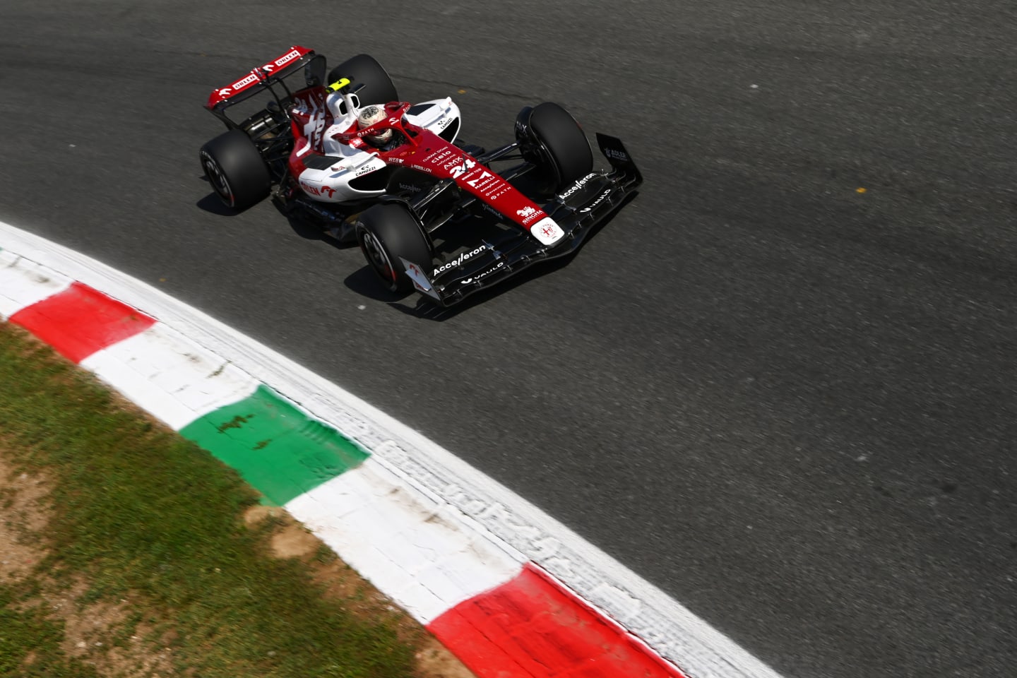 MONZA, ITALY - SEPTEMBER 09: Zhou Guanyu of China driving the (24) Alfa Romeo F1 C42 Ferrari on track during practice ahead of the F1 Grand Prix of Italy at Autodromo Nazionale Monza on September 09, 2022 in Monza, Italy. (Photo by Dan Mullan/Getty Images)