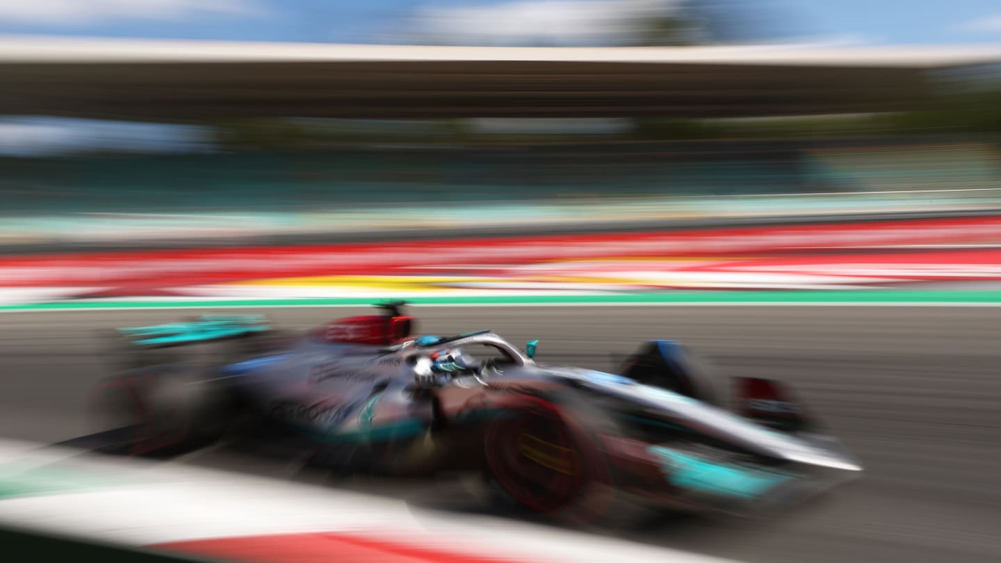 MONZA, ITALY - SEPTEMBER 09: George Russell of Great Britain driving the (63) Mercedes AMG Petronas F1 Team W13 on track during practice ahead of the F1 Grand Prix of Italy at Autodromo Nazionale Monza on September 09, 2022 in Monza, Italy. (Photo by Bryn Lennon - Formula 1/Formula 1 via Getty Images)