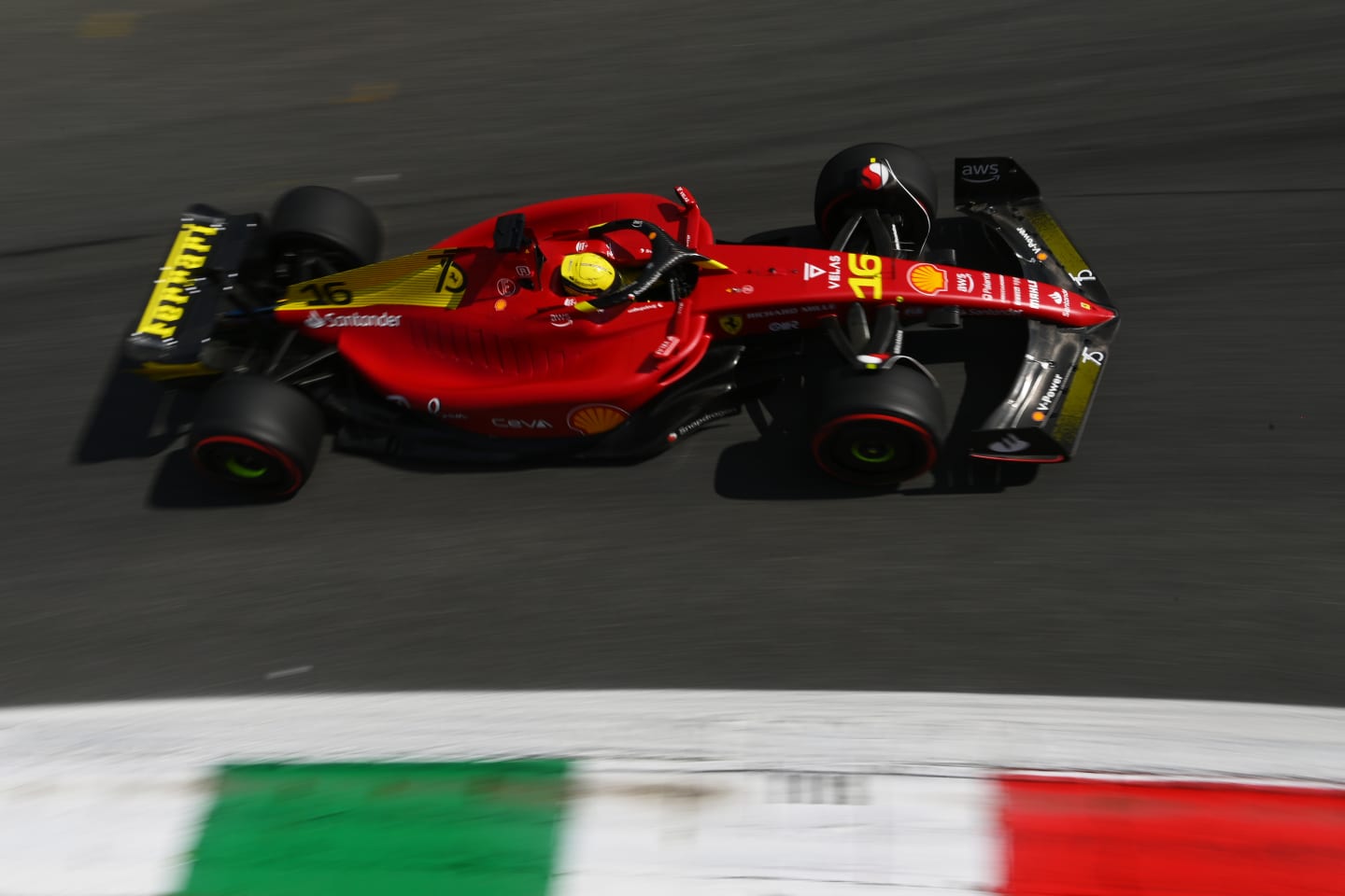 MONZA, ITALY - SEPTEMBER 09: Charles Leclerc of Monaco driving (16) the Ferrari F1-75 on track during practice ahead of the F1 Grand Prix of Italy at Autodromo Nazionale Monza on September 09, 2022 in Monza, Italy. (Photo by Dan Mullan/Getty Images)