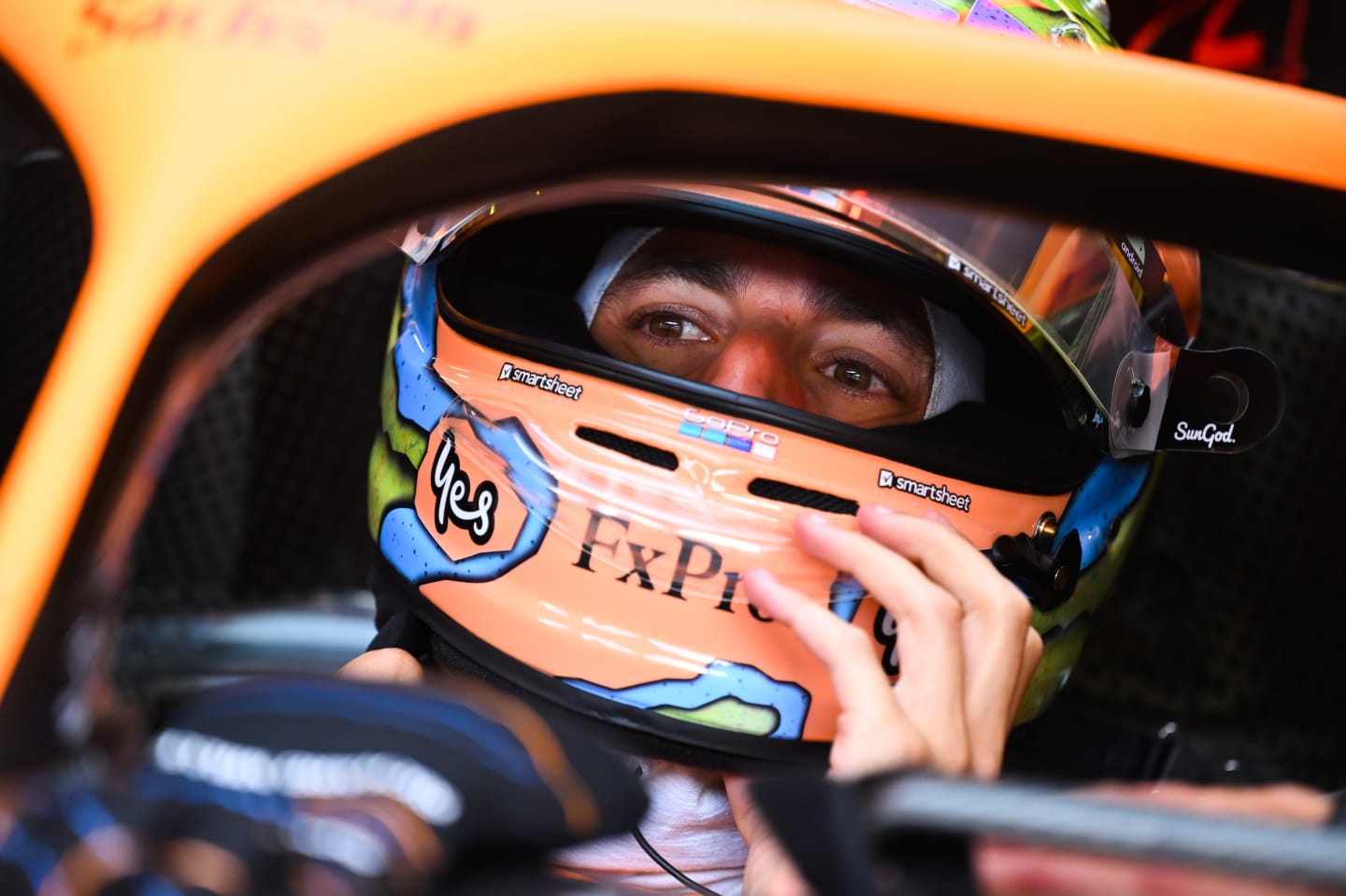 MONZA, ITALY - SEPTEMBER 09: Daniel Ricciardo of Australia and McLaren prepares to drive in the garage during practice ahead of the F1 Grand Prix of Italy at Autodromo Nazionale Monza on September 09, 2022 in Monza, Italy. (Photo by Clive Mason/Getty Images)