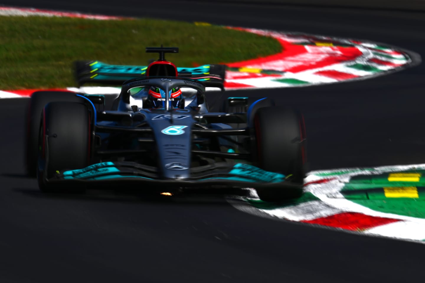 MONZA, ITALY - SEPTEMBER 10: George Russell of Great Britain driving the (63) Mercedes AMG Petronas F1 Team W13 on track during final practice ahead of the F1 Grand Prix of Italy at Autodromo Nazionale Monza on September 10, 2022 in Monza, Italy. (Photo by Clive Mason/Getty Images)