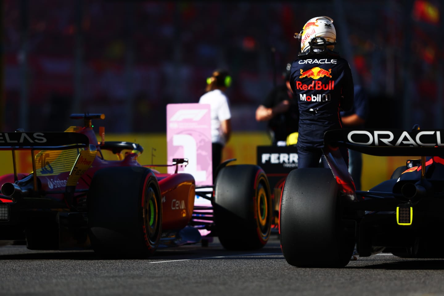 MONZA, ITALY - SEPTEMBER 10: Second placed qualifier Max Verstappen of the Netherlands and Oracle Red Bull Racing looks on  in parc ferme during qualifying ahead of the F1 Grand Prix of Italy at Autodromo Nazionale Monza on September 10, 2022 in Monza, Italy. (Photo by Mark Thompson/Getty Images)