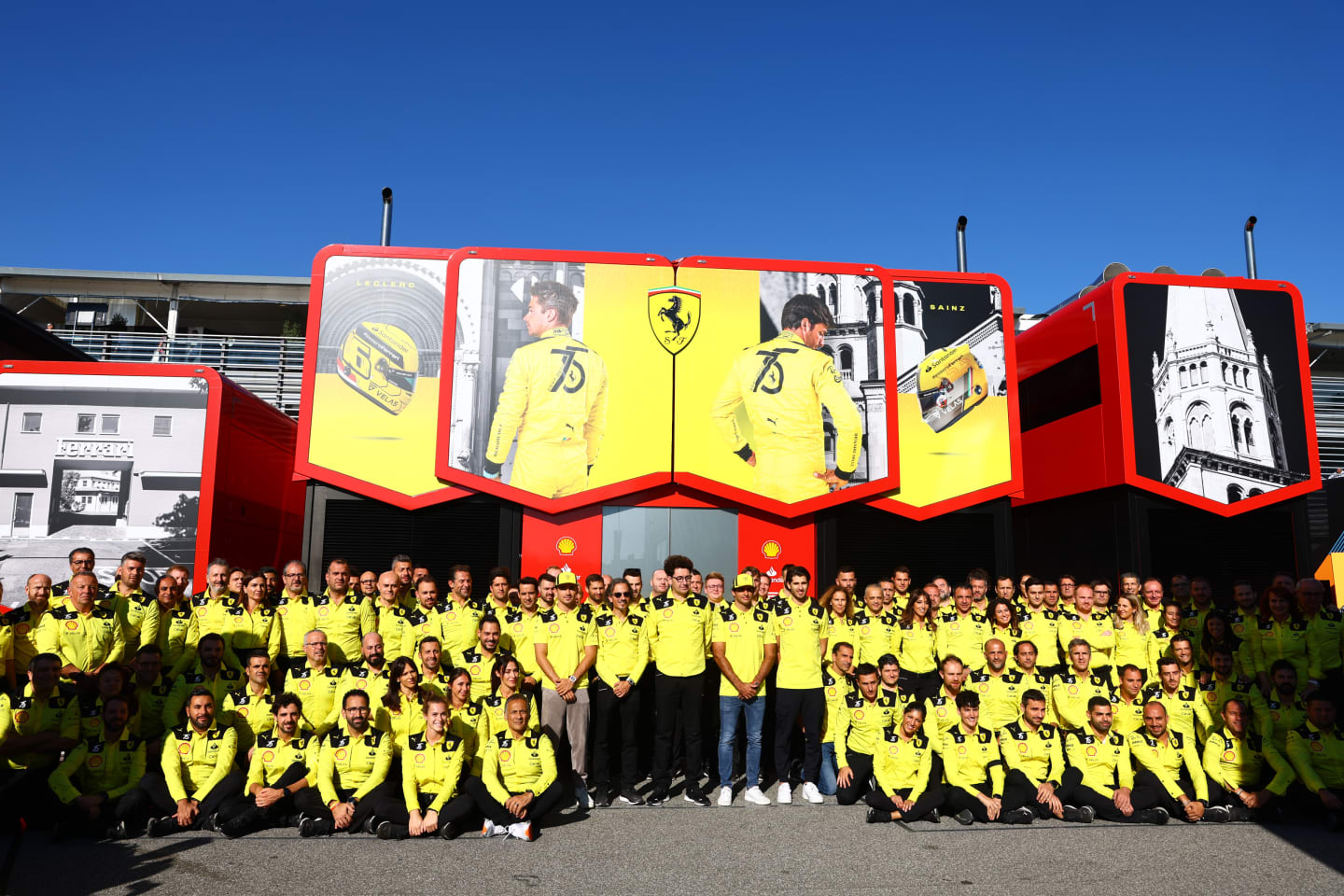 MONZA, ITALY - SEPTEMBER 11: The Ferrari team pose for a photo to commemorate the teams 75th