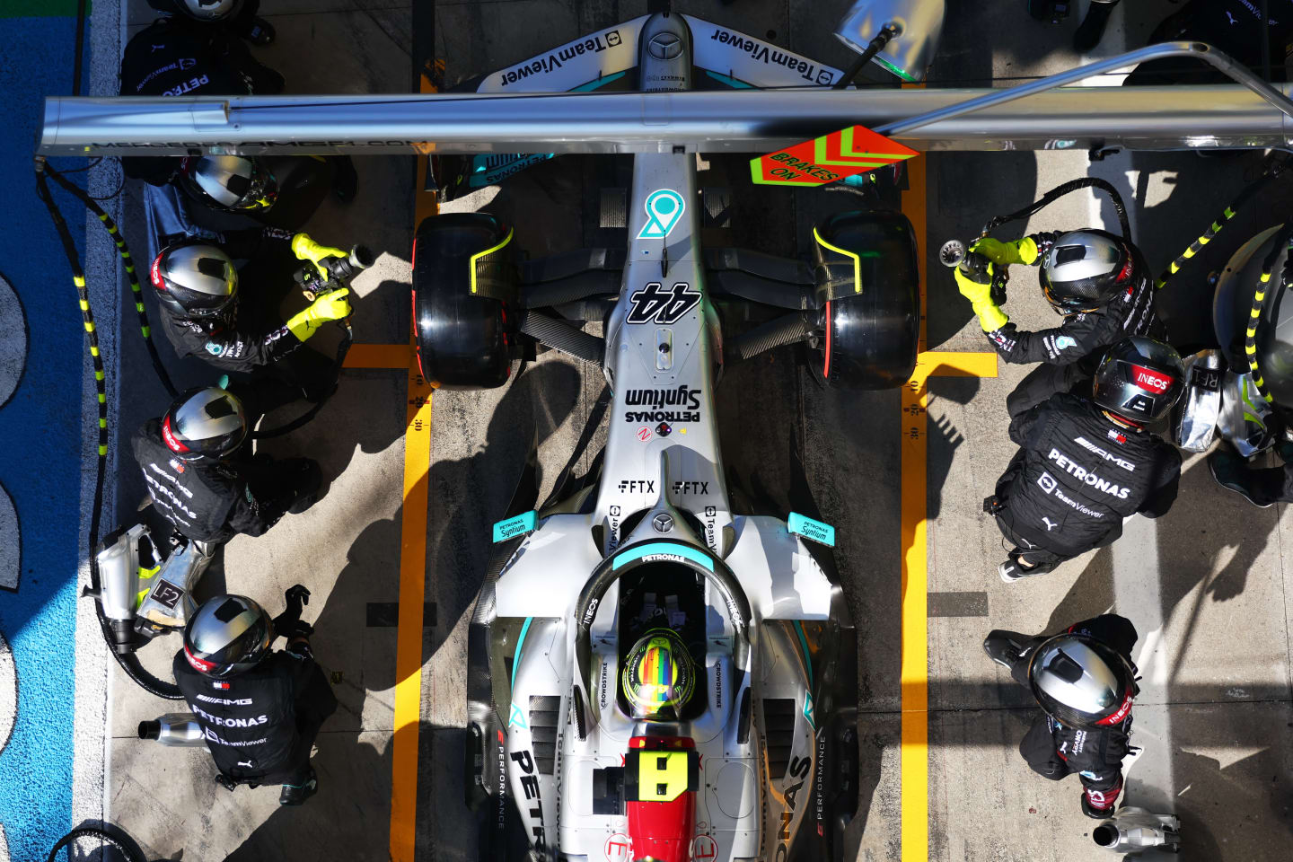 MONZA, ITALY - SEPTEMBER 11: Lewis Hamilton of Great Britain driving the (44) Mercedes AMG Petronas F1 Team W13 makes a pitstop during the F1 Grand Prix of Italy at Autodromo Nazionale Monza on September 11, 2022 in Monza, Italy. (Photo by Dan Istitene - Formula 1/Formula 1 via Getty Images)